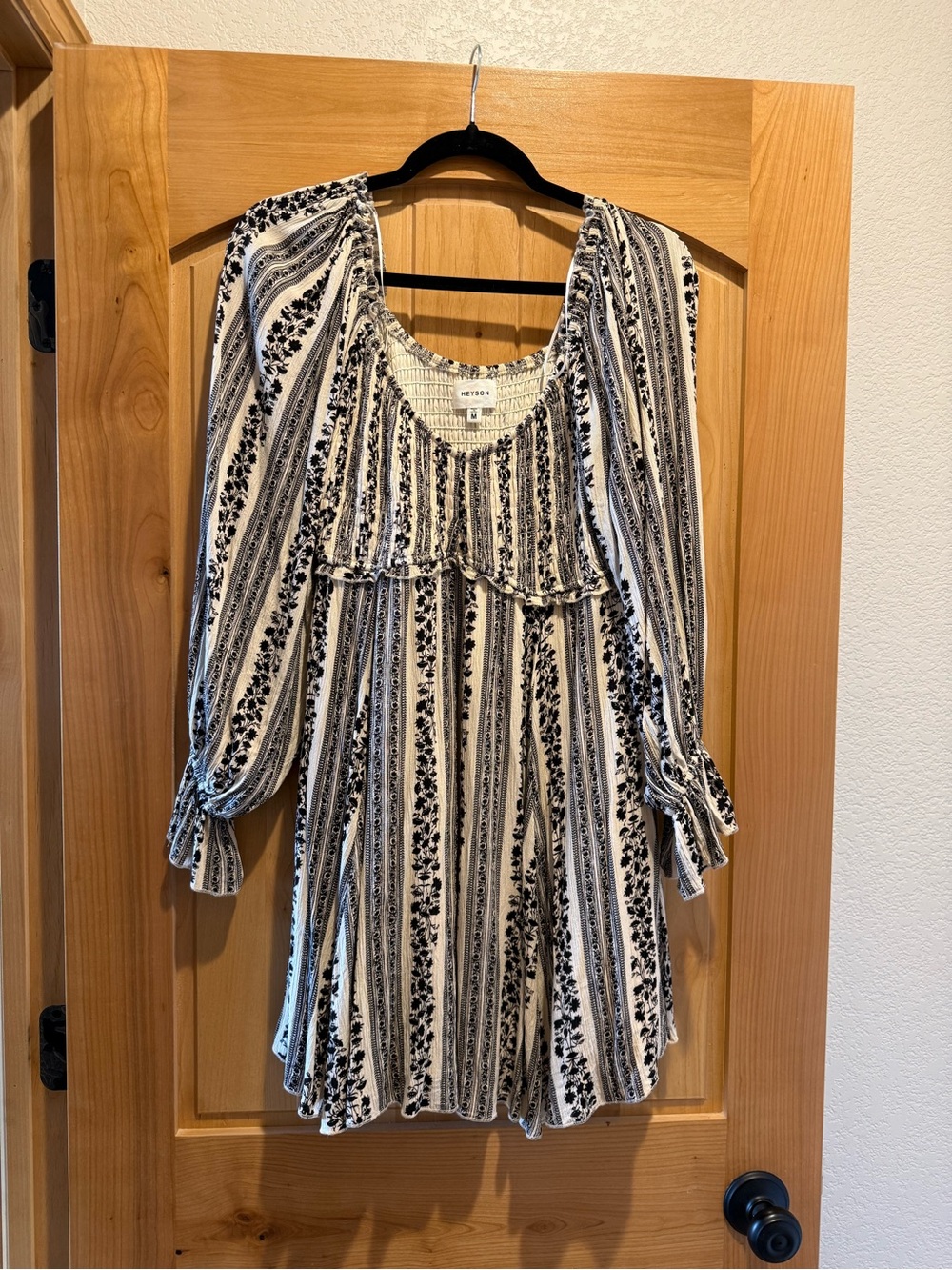 Pink Blush Black and Cream Striped Floral Peasant Tunic with Ruffle
